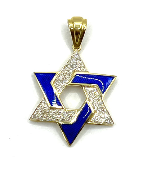 14K Gold & Diamond With Blue Enamel Star of David Necklace